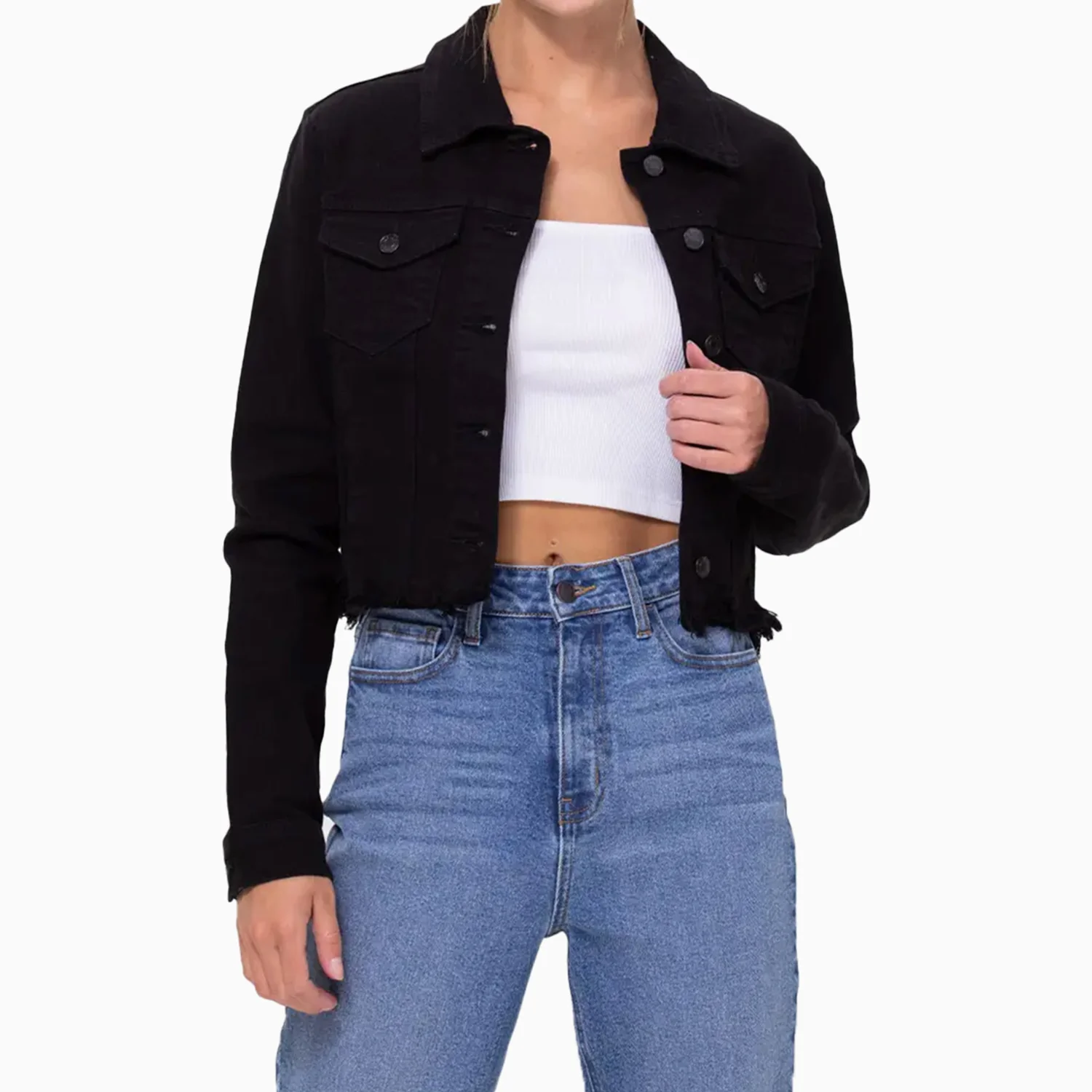 Women's Uneven Black Wash Frayed Fitted Jacket - Image 2