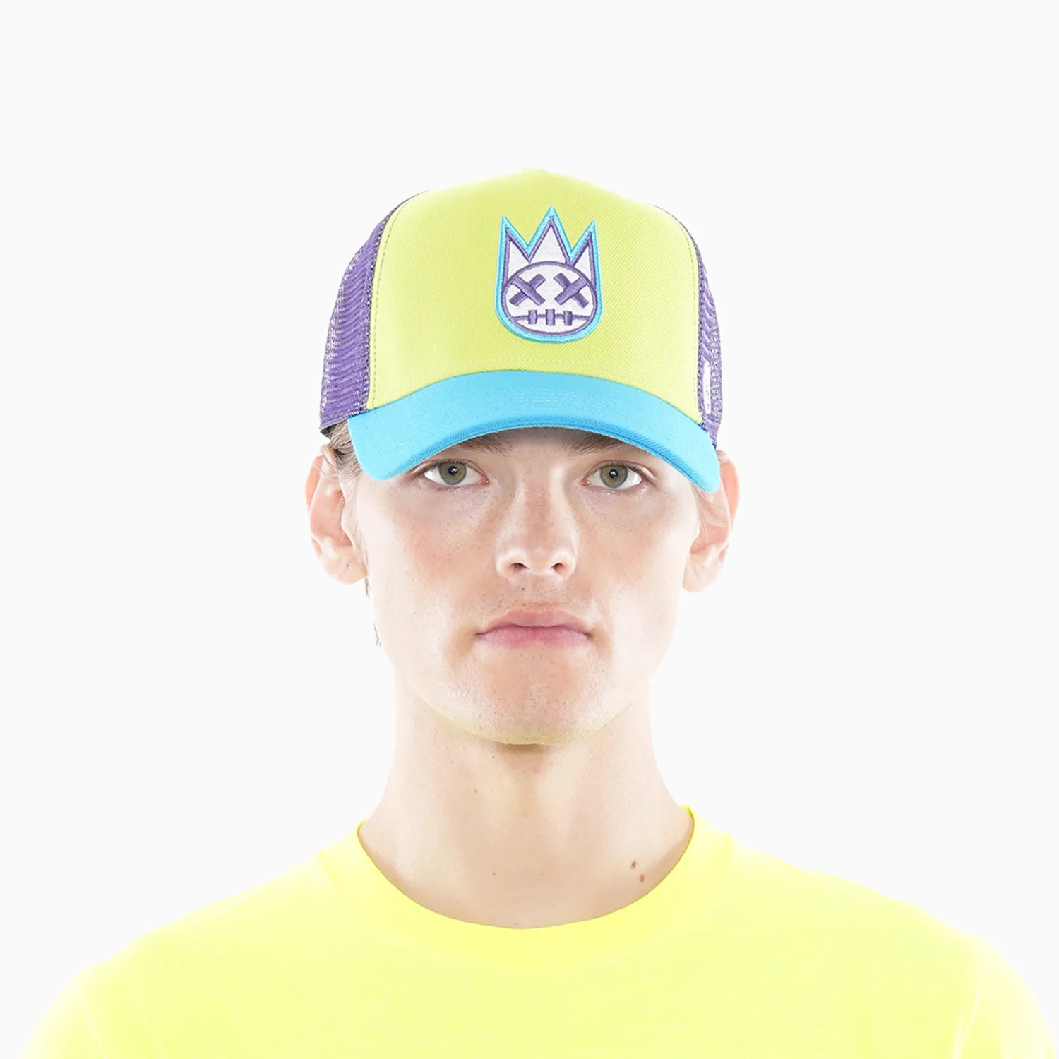 Men's Clean Logo Mesh Back Trucker Hat Curved Visor In Highlighter Yellow