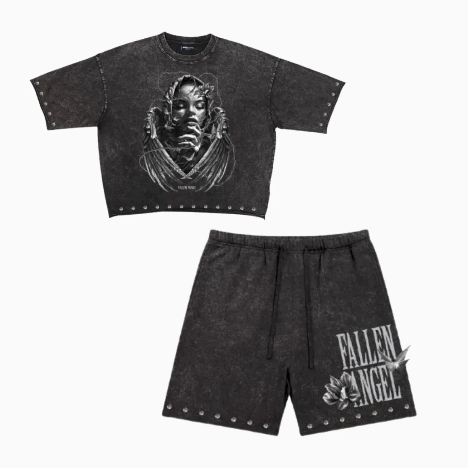 Men's Fallen Angel Enzyme Washed Studded Outfit