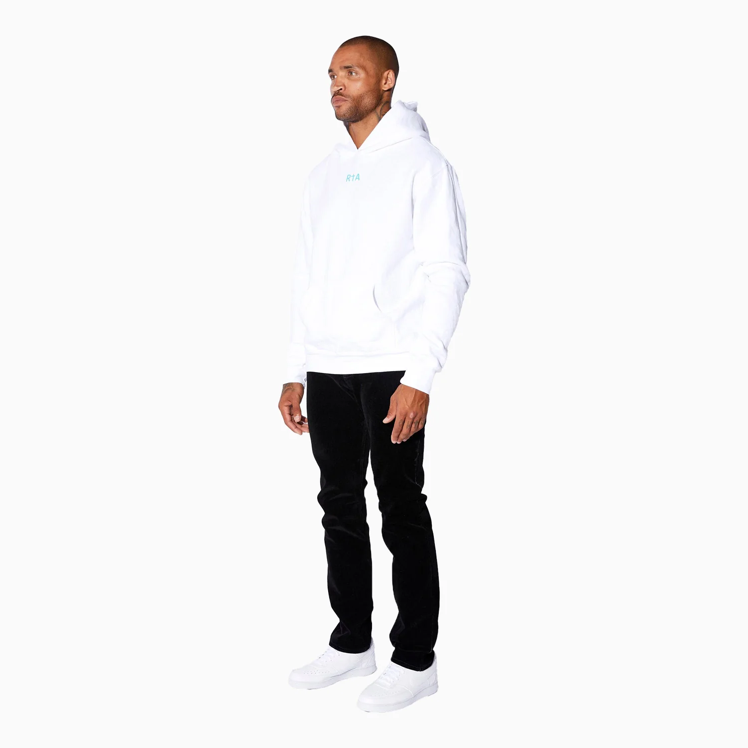 Men's Fleece White Blue Front Small Logo Pull Over Hoodie - Image 3
