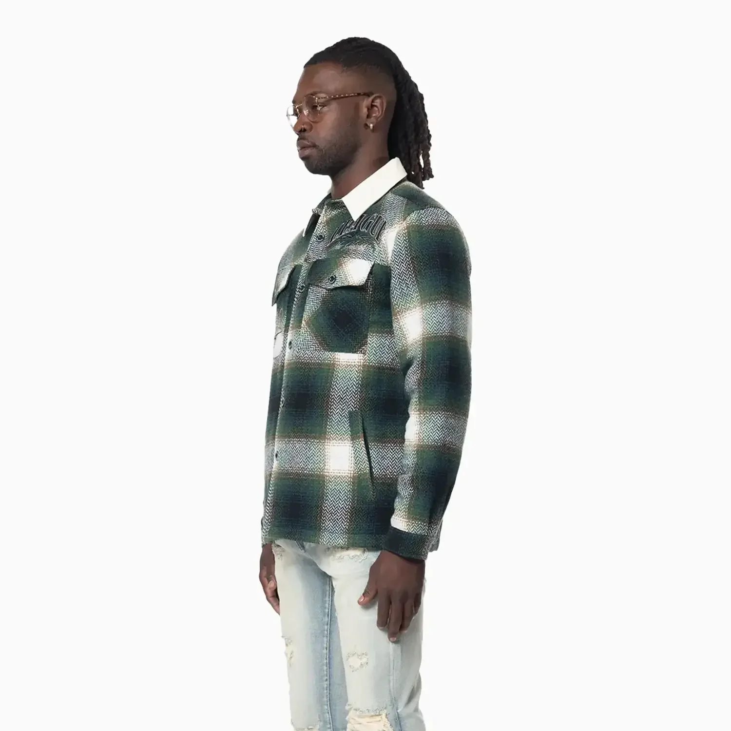 Men's Vegan Leather Collar Plaid Shacket Shirt - Image 5