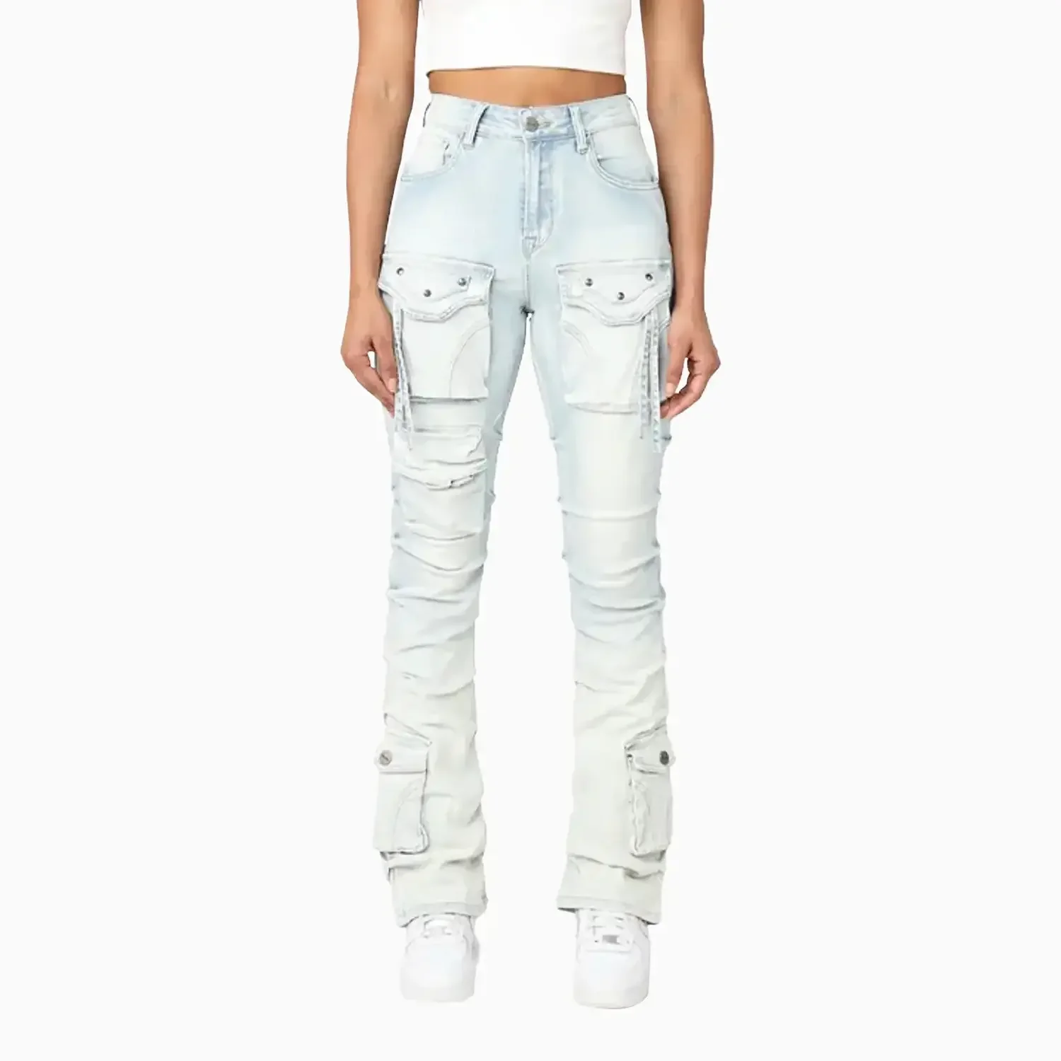 Women's High Rise Lightening Wash Stacked Jeans Pant