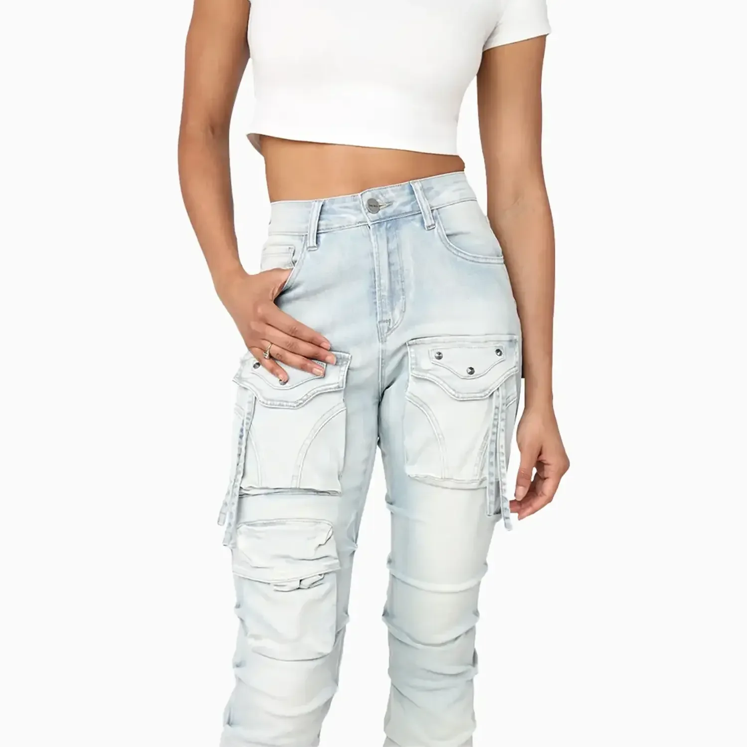 Women's High Rise Lightening Wash Stacked Jeans Pant - Image 7