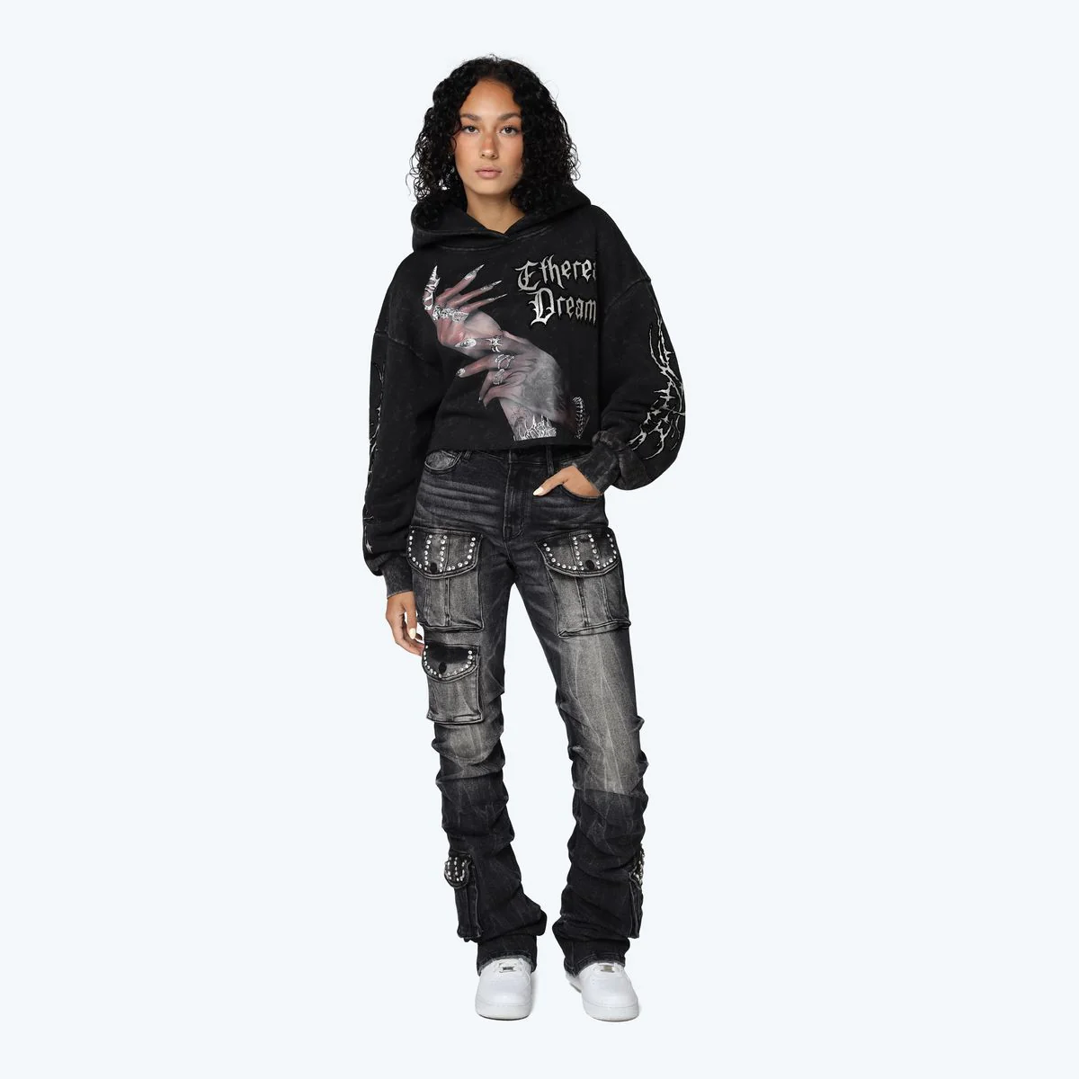 Women's High Rise Rhinestone Stacked Jeans Pant - Image 3