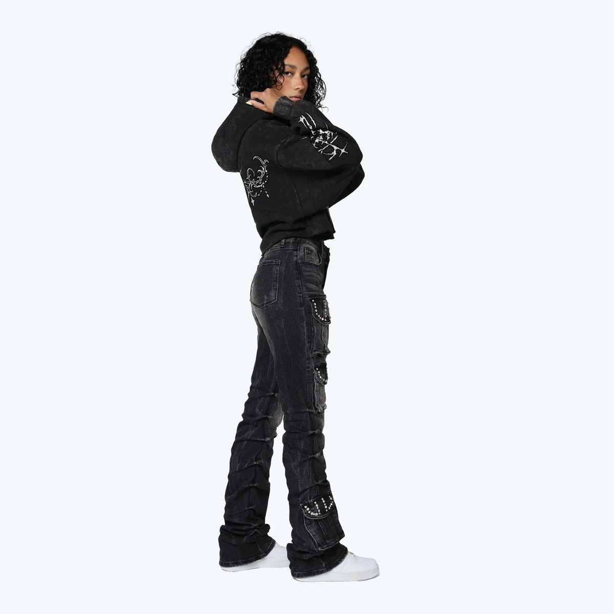 Women's High Rise Rhinestone Stacked Jeans Pant - Image 4