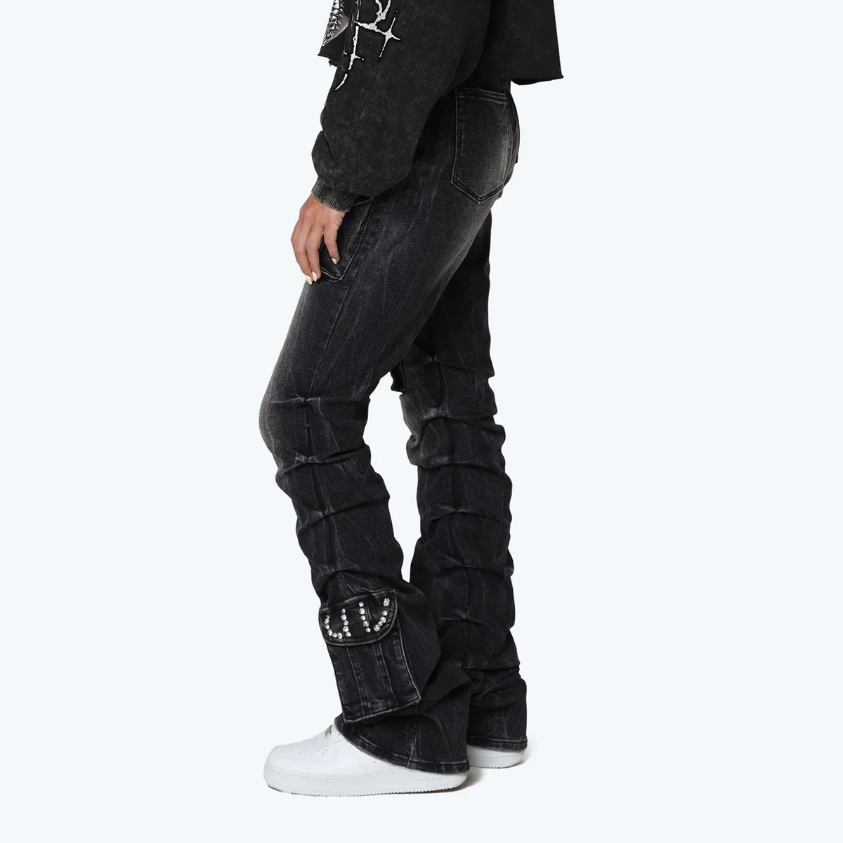 Women's High Rise Rhinestone Stacked Jeans Pant - Image 5