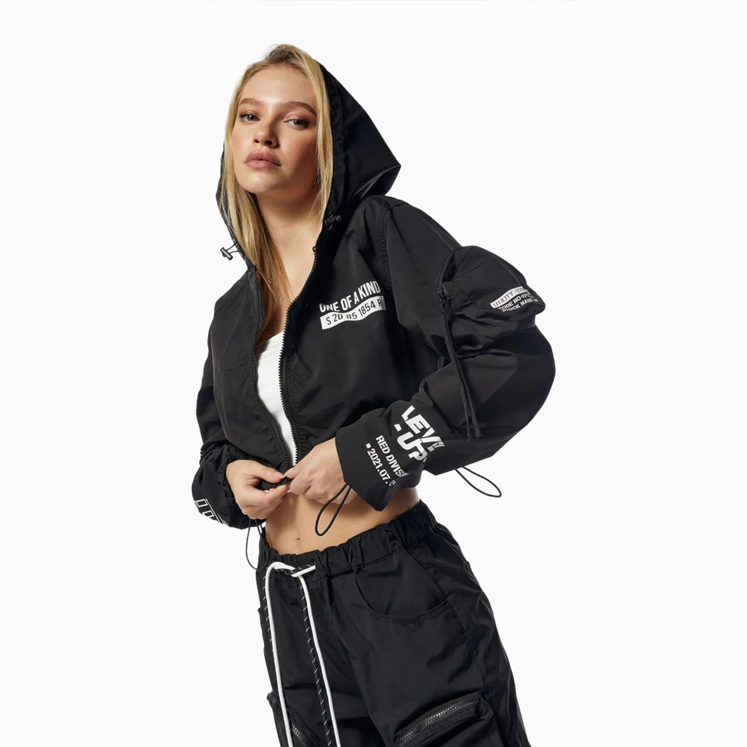 Women's Utility Graphic Cropped Windbreaker Outfit - Image 12